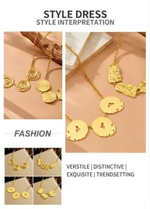 Detail of four gold geometric textured necklaces with spiral and hammered metal pendants