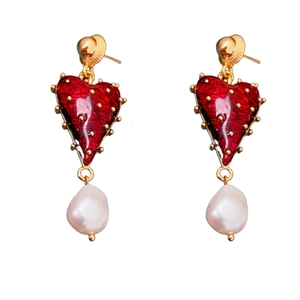 Vintage gold plated heart earrings with red enamel detail and drop white pearls