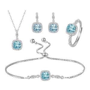925 silver jewelry set with light blue square gemstones including necklace and earrings