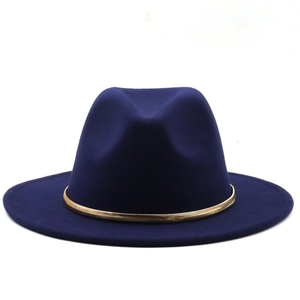 Close-up of deep blue wool fedora hat featuring a stylish gold snake chain decoration