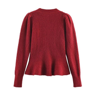 Women's V-neck dark red knit cardigan with puff sleeves and peplum hem details
