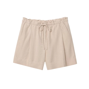 Women's linen blend shorts in beige featuring drawstring waist and practical side pockets