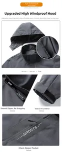 Detail view of charcoal outdoor jacket featuring adjustable hood and zip sports pockets