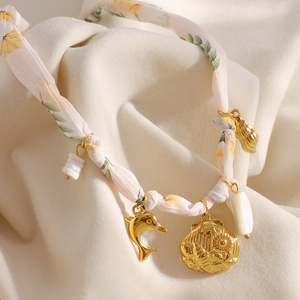 18K gold-plated seashell and dolphin charm braided fabric necklace for women