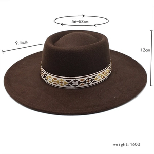 Detailed size specifications for the dark brown wool felt fedora with ethnic embroidery