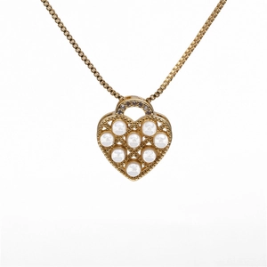 Golden heart necklace with white pearl and zircon pendant on a high-quality box chain