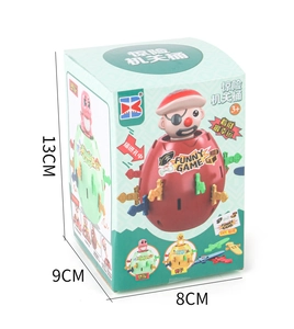 Detail of pirate barrel toy packaging showing dimensions and colorful daggers for party game