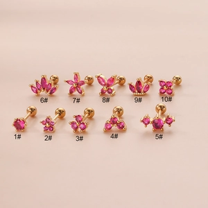 Flower Crown Cartilage Stud Earrings Stainless Steel Post Rose Red Cubic Zirconia Screw Back Piercing Jewelry For Women
