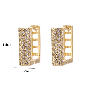Macro detail of gold plated rectangular hoop earrings with cubic zirconia and dimensions