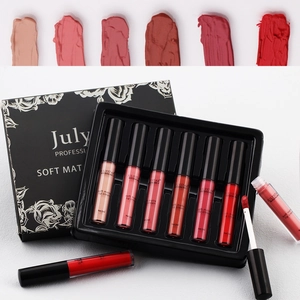 Set of six matte velvet lip creams in various shades with a floral gift box packaging