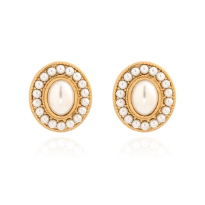 Elegant gold stainless steel stud earrings with large oval pearl and pearl halo