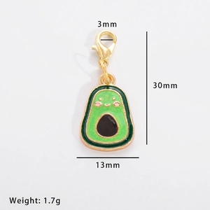 Detail view of cartoon avocado alloy charm showing 30mm height and 1.7g weight
