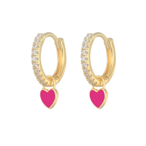 Detailed view of gold hoop earrings with zircon rows and pink heart enamel pendants