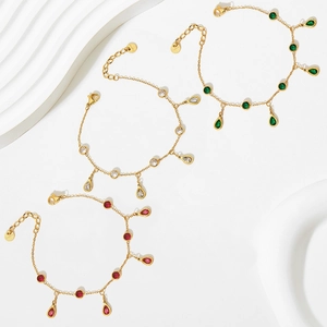 Bracelets de cheville dorés en acier avec pendentifs gouttes en zircon coloré
