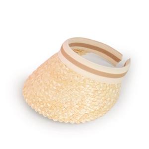 Detail of the natural woven texture and striped elastic headband on the straw sun visor
