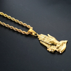 Hip hop gold stainless steel praying hands pendant on a twisted rope chain necklace