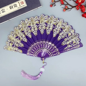 Classic Chinese purple folding fan with gold lace patterns and elegant silk tassel