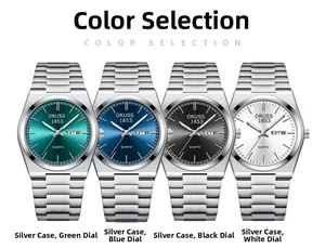 Four stainless steel quartz watches featuring diverse dial colors and day-date displays