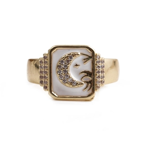 Gold bohemian square ring with white enamel, featuring sparkling moon and star crystal designs