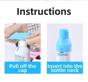 Close-up of blue stretchable silicone sleeve being applied to prevent travel bottle leaks