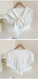 Detailed front and back view of white knitted shawl with diamond weave pattern
