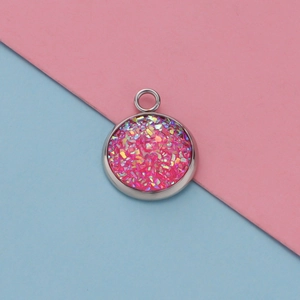 12mm round silver stainless steel pendant with sparkling pink glitter inlay and top loop