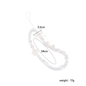 Detailed view showing a 34cm beaded phone strap with 17g weight and 3.5cm loop