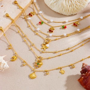 Double-layered gold stainless steel anklets with cherry, starfish, and pearl charms