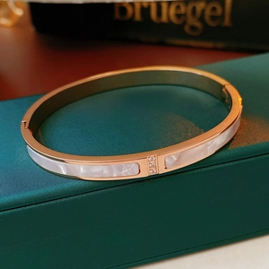 Detail of rose gold titanium steel bangle with shell inlay and three vertical zircons