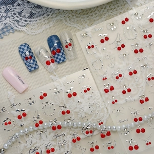 3D Relief Nail Art Stickers Cherry Strawberry Design Silver Bow Heart Patterns Manicure Decoration With Rhinestones