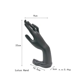 Lotus hand-shaped black jewelry display stand for rings and bracelets, 22cm matte finish