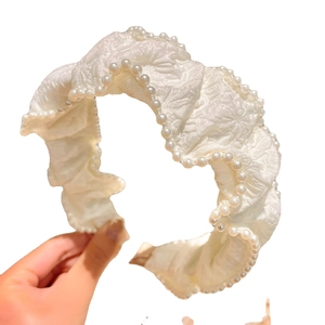 Elegant white lace headband with pleated fabric and faux pearl trim for women hair
