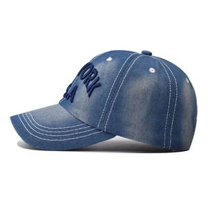 Vintage washed blue denim baseball cap featuring New York USA 3D embroidery detail