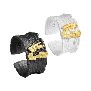 S925 sterling silver adjustable open ring featuring unique bark texture and dual-tone finish