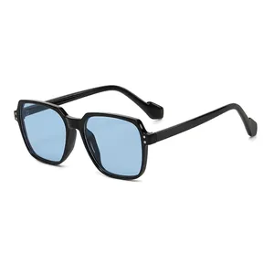 Fashionable oversized square black frame sunglasses with transparent light blue lenses