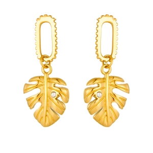 Goldene Monstera Blatt-Ohrringe aus Edelstahl mit Kristallen und texturierten Gliedern