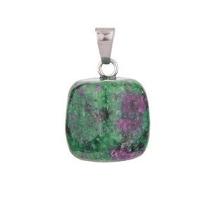 Macro shot of square natural ruby in zoisite crystal pendant with silver metal bail