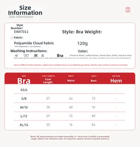 Size guide for yoga sports bra showing measurements, material details, and color options