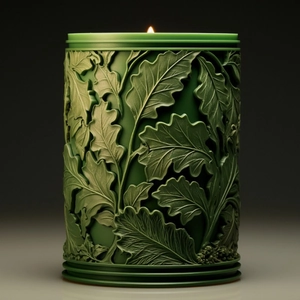 Candela cilindrica verde con rilievo di foglie di quercia per regali fai-da-te