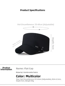 Detailed size specifications for men's black cotton cadet cap with metal eyelets