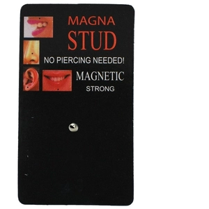 Silver magnetic non-piercing stud for nose, lip, and ears shown on branded card packaging