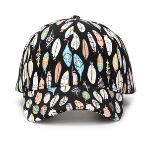Classic black baseball cap with vibrant colorful feather print and curved brim style