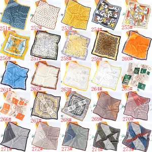 Grid display of vintage 70cm square scarves featuring horse motifs and paisley patterns