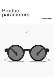 Front view of black round vintage sunglasses with C1 color code and metallic hinge detail