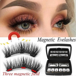 Three-piece magnetic eyelash set with dense black fibers and portable mirrored storage case