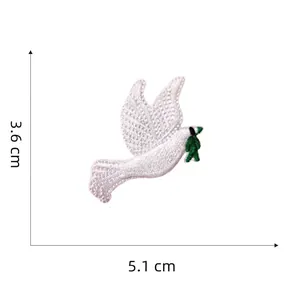 Detailed dimensions of a flying white pigeon embroidery patch with olive branch, 5.1x3.6cm