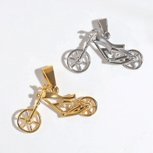 Detailed view of hollow motorcycle-shaped pendants in polished gold and silver finishes