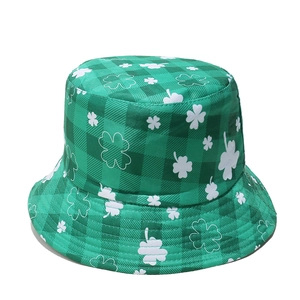 Close-up of green plaid bucket hat with white clover prints for Saint Patrick's Day
