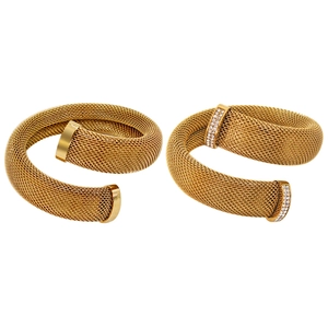 Golden mesh weave stainless steel bangle bracelets set featuring sparkling crystal accents