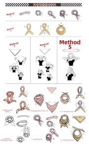 Step-by-step guide showing six different ways to style and tie a paisley sports bandana